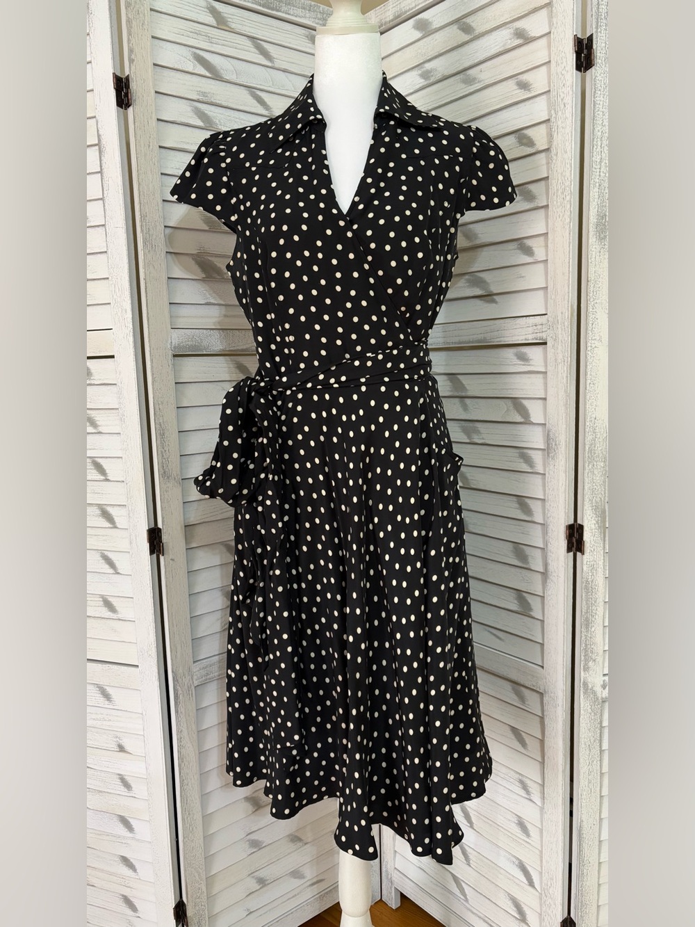 INC International Concepts Black and Ivory Polka Dot Wrap Midi Dress